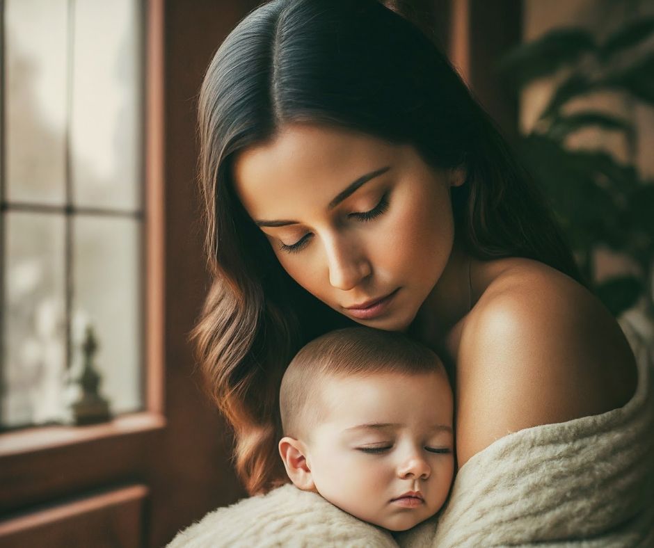 Uma mãe serena amamentando seu bebê, refletindo a beleza e a conexão da amamentação.